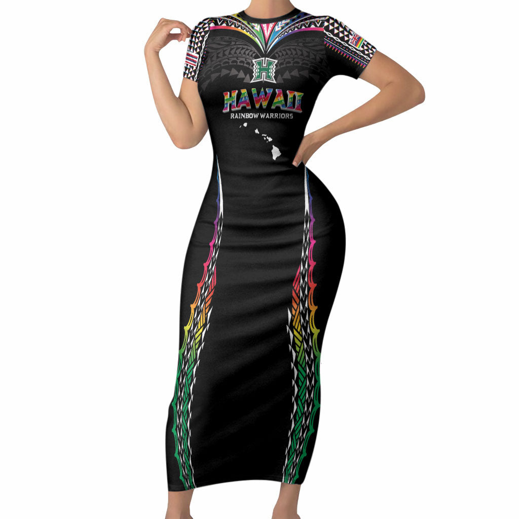 Custom Hawaii Rainbow Warriors Short Sleeve Bodycon Dress Polynesian Motif Special Edition Rainbow Gradient