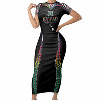 Custom Hawaii Rainbow Warriors Short Sleeve Bodycon Dress Polynesian Motif Special Edition Rainbow Gradient