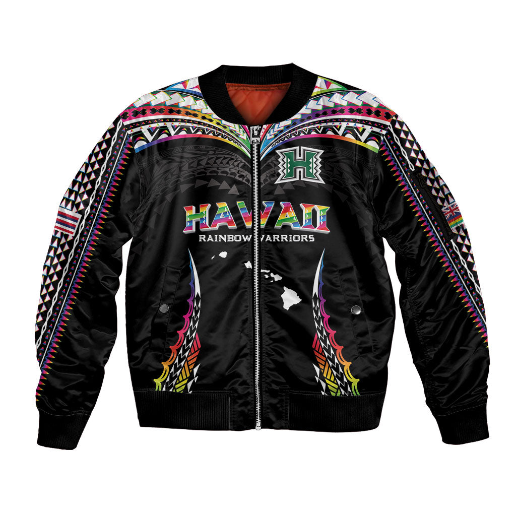 Custom Hawaii Rainbow Warriors Sleeve Zip Bomber Jacket Polynesian Motif Special Edition Rainbow Gradient