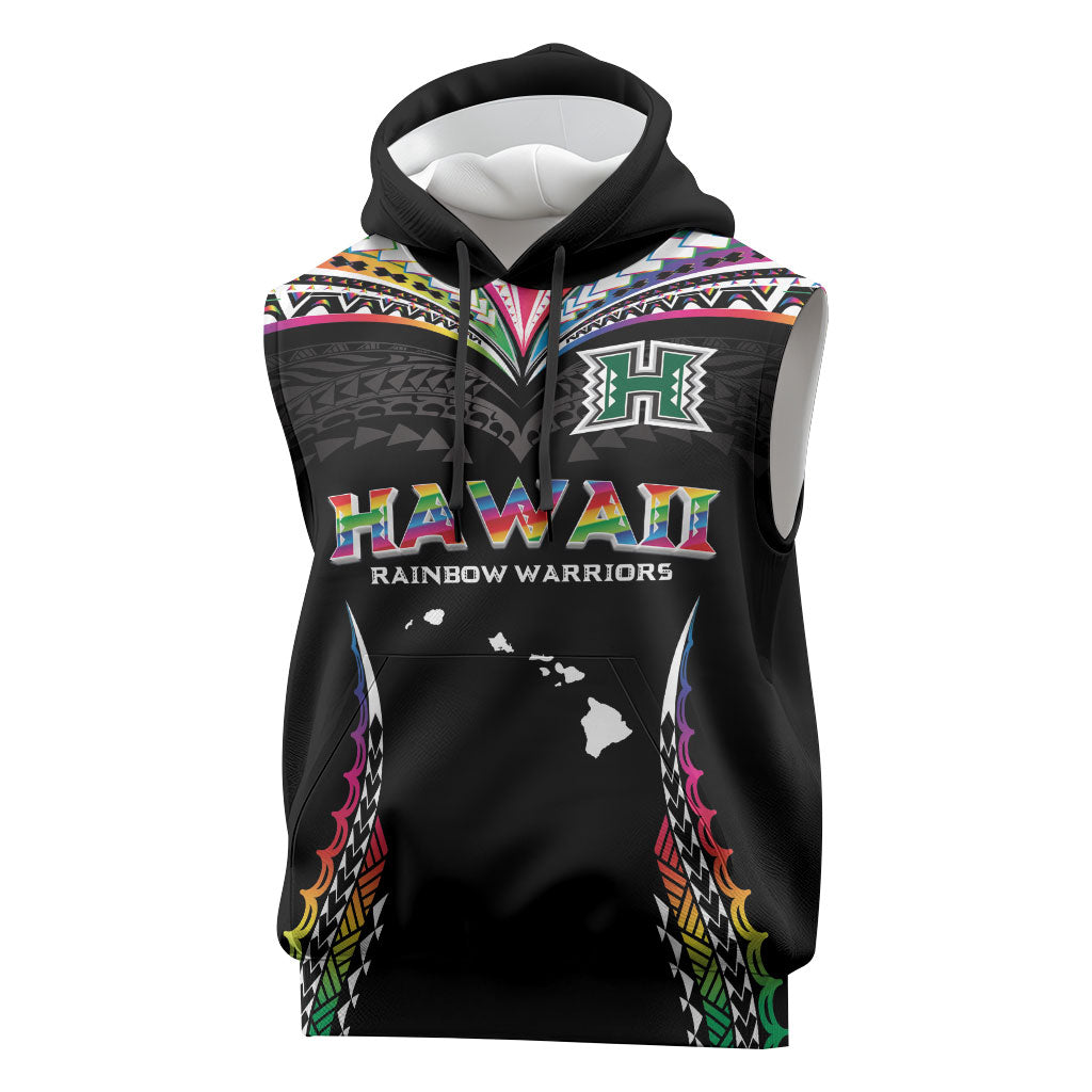 Custom Hawaii Rainbow Warriors Sleeveless Hoodie Polynesian Motif Special Edition Rainbow Gradient