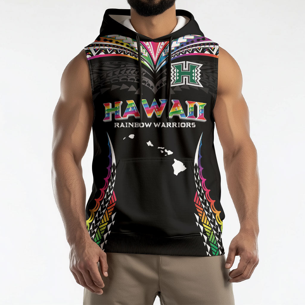 Custom Hawaii Rainbow Warriors Sleeveless Hoodie Polynesian Motif Special Edition Rainbow Gradient