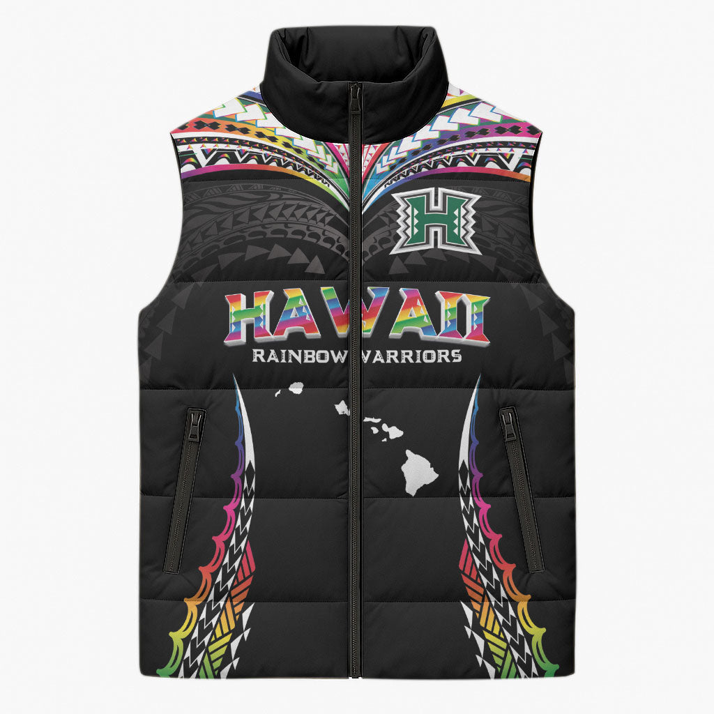 Custom Hawaii Rainbow Warriors Sleeveless Puffer Jacket Polynesian Motif Special Edition Rainbow Gradient