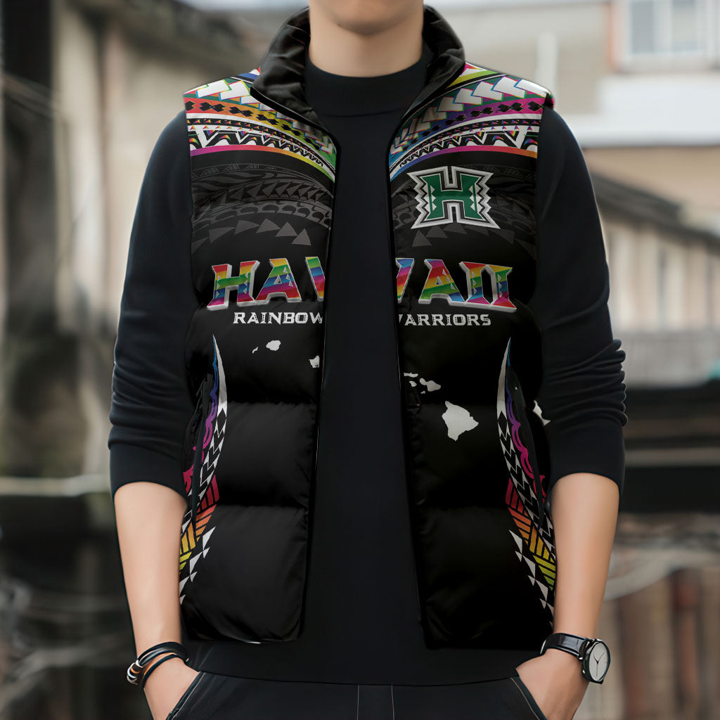 Custom Hawaii Rainbow Warriors Sleeveless Puffer Jacket Polynesian Motif Special Edition Rainbow Gradient