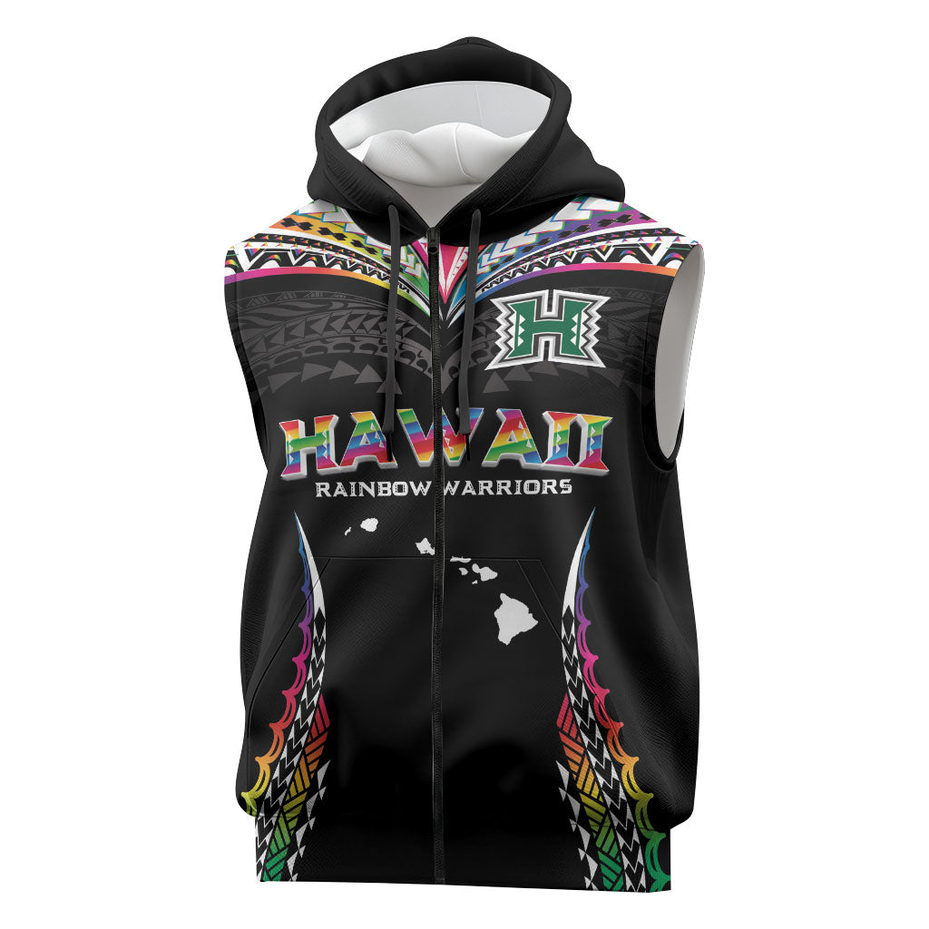 Custom Hawaii Rainbow Warriors Sleeveless Zip Hoodie Polynesian Motif Special Edition Rainbow Gradient