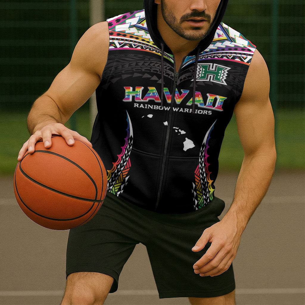 Custom Hawaii Rainbow Warriors Sleeveless Zip Hoodie Polynesian Motif Special Edition Rainbow Gradient