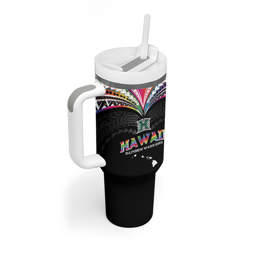 Custom Hawaii Rainbow Warriors Tumbler With Handle Polynesian Motif Special Edition Rainbow Gradient
