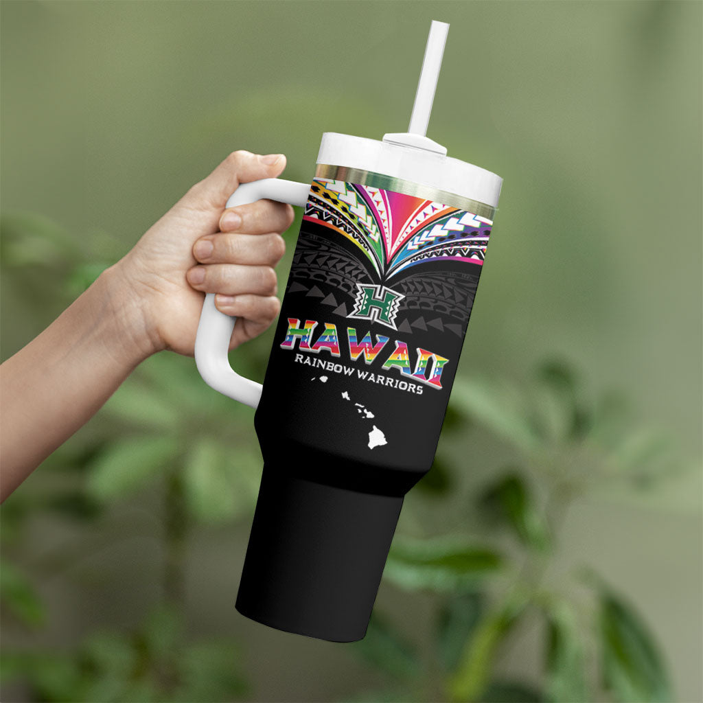 Custom Hawaii Rainbow Warriors Tumbler With Handle Polynesian Motif Special Edition Rainbow Gradient
