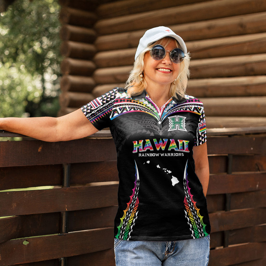 Custom Hawaii Rainbow Warriors Women Polo Shirt Polynesian Motif Special Edition Rainbow Gradient