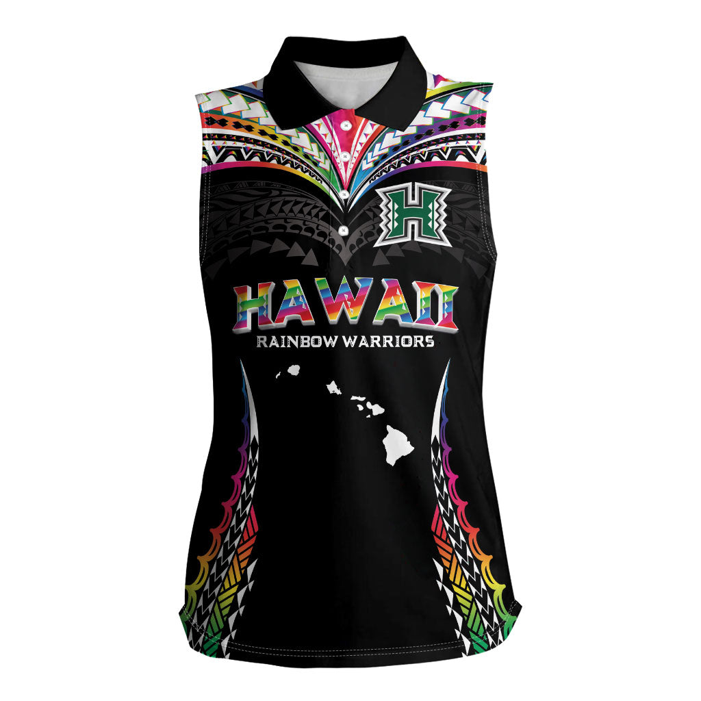 Custom Hawaii Rainbow Warriors Women Sleeveless Polo Shirt Polynesian Motif Special Edition Rainbow Gradient