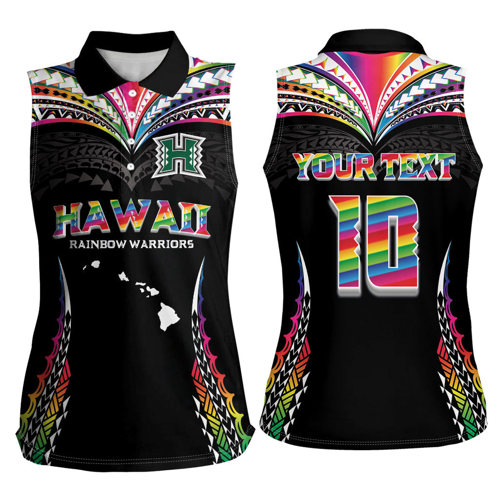 Custom Hawaii Rainbow Warriors Women Sleeveless Polo Shirt Polynesian Motif Special Edition Rainbow Gradient
