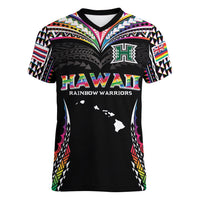 Custom Hawaii Rainbow Warriors Women V-Neck T-Shirt Polynesian Motif Special Edition Rainbow Gradient