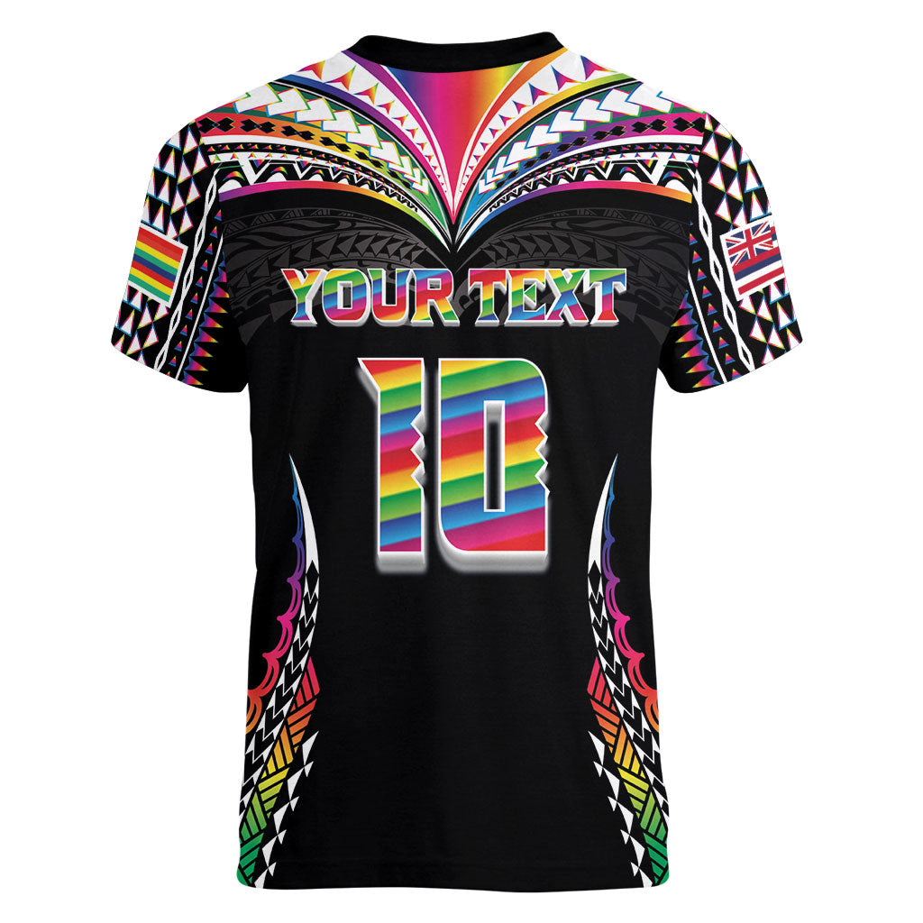 Custom Hawaii Rainbow Warriors Women V-Neck T-Shirt Polynesian Motif Special Edition Rainbow Gradient