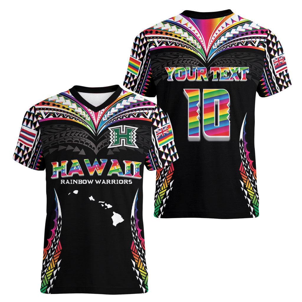 Custom Hawaii Rainbow Warriors Women V-Neck T-Shirt Polynesian Motif Special Edition Rainbow Gradient