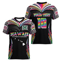 Custom Hawaii Rainbow Warriors Women V-Neck T-Shirt Polynesian Motif Special Edition Rainbow Gradient