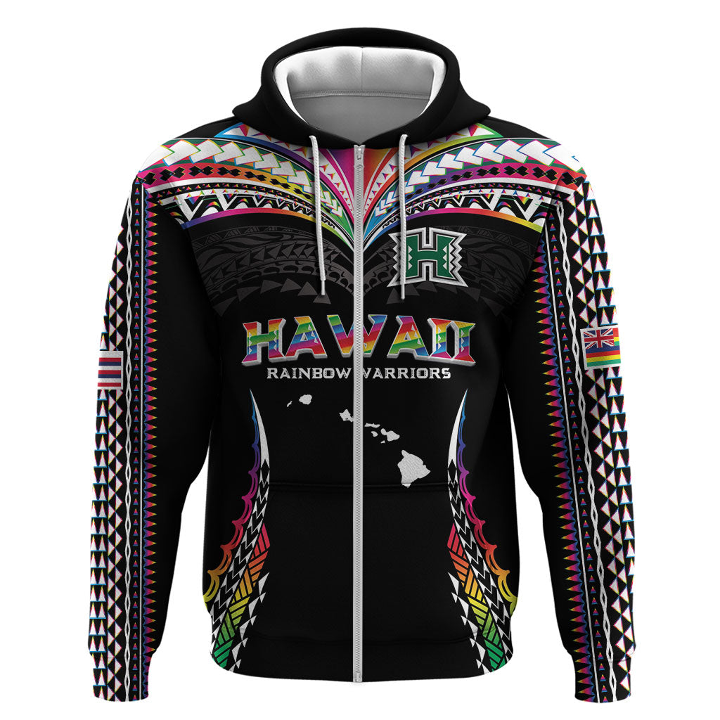 Custom Hawaii Rainbow Warriors Zip Hoodie Polynesian Motif Special Edition Rainbow Gradient