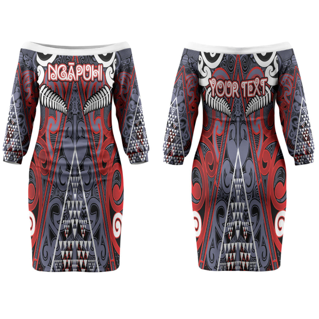 Personalised Aotearoa Iwi Ngapuhi Family Matching Off The Shoulder Long Sleeve Dress and Hawaiian Shirt Maori Motif Tribal