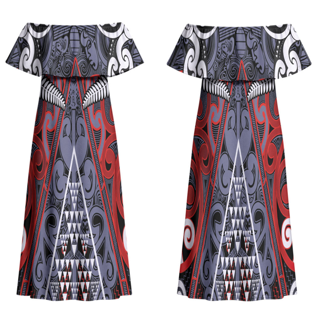Personalised Aotearoa Iwi Ngapuhi Family Matching Off Shoulder Maxi Dress and Hawaiian Shirt Maori Motif Tribal