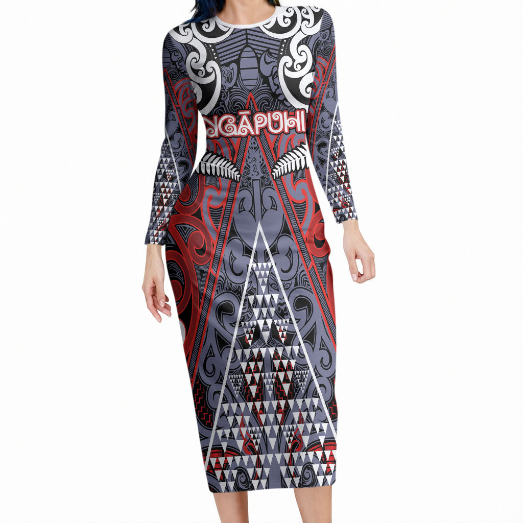 Personalised Aotearoa Iwi Ngapuhi Long Sleeve Bodycon Dress Maori Motif Tribal