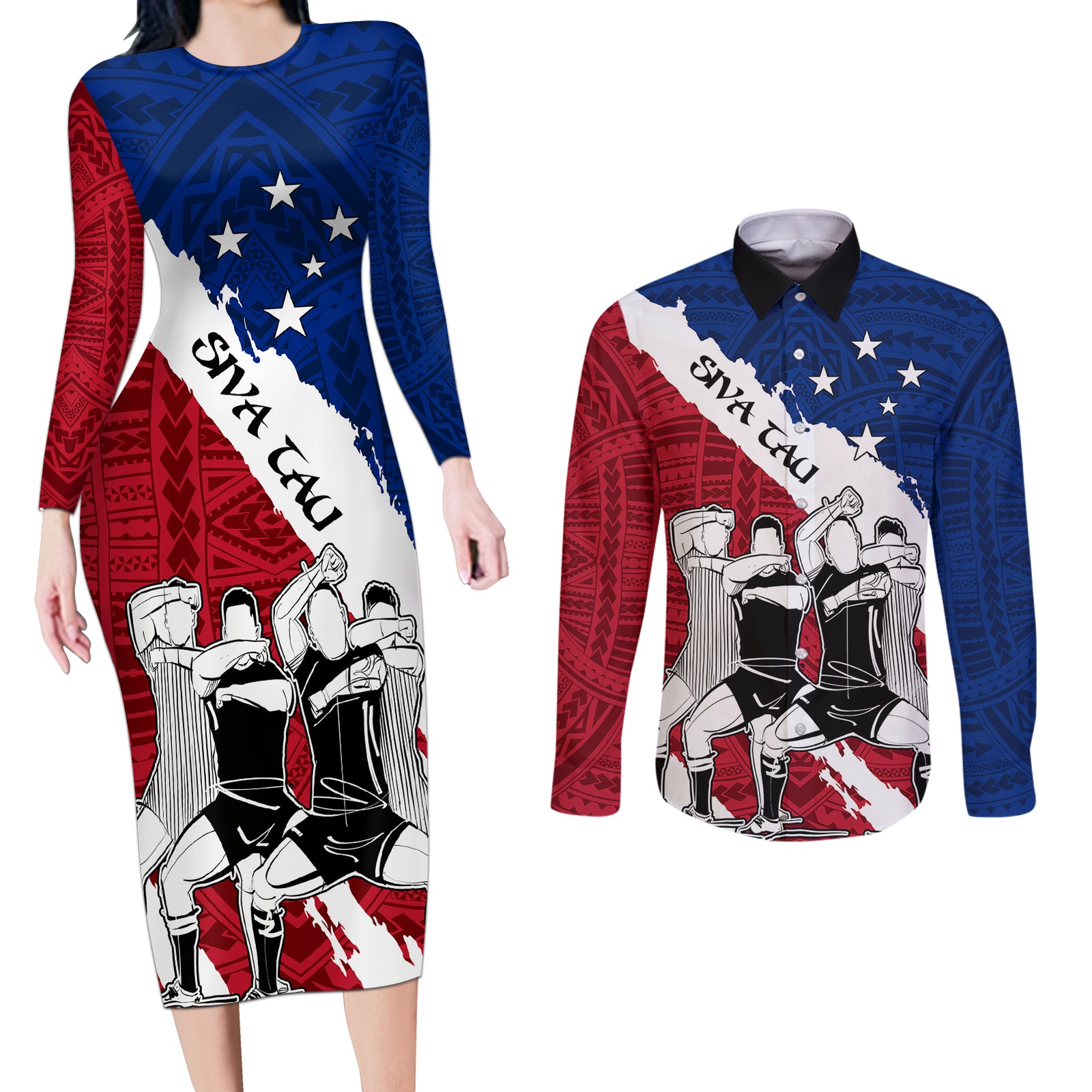Samoa Rugby Couples Matching Long Sleeve Bodycon Dress and Long Sleeve Button Shirts Siva Tau Dance Polynesian Tattoo Brush Style LT03 Red - Polynesian Pride