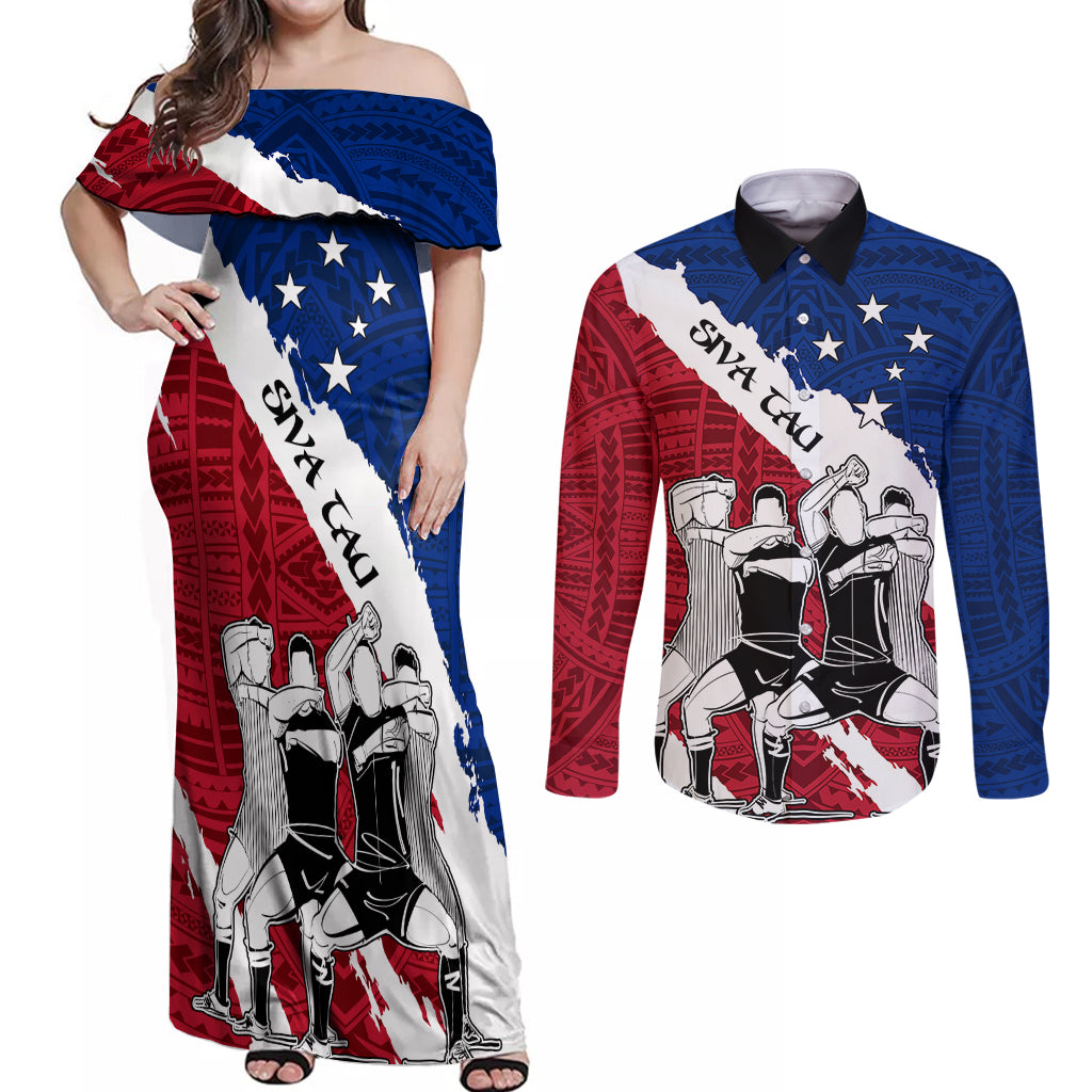 Samoa Rugby Couples Matching Off Shoulder Maxi Dress and Long Sleeve Button Shirts Siva Tau Dance Polynesian Tattoo Brush Style LT03 Red - Polynesian Pride
