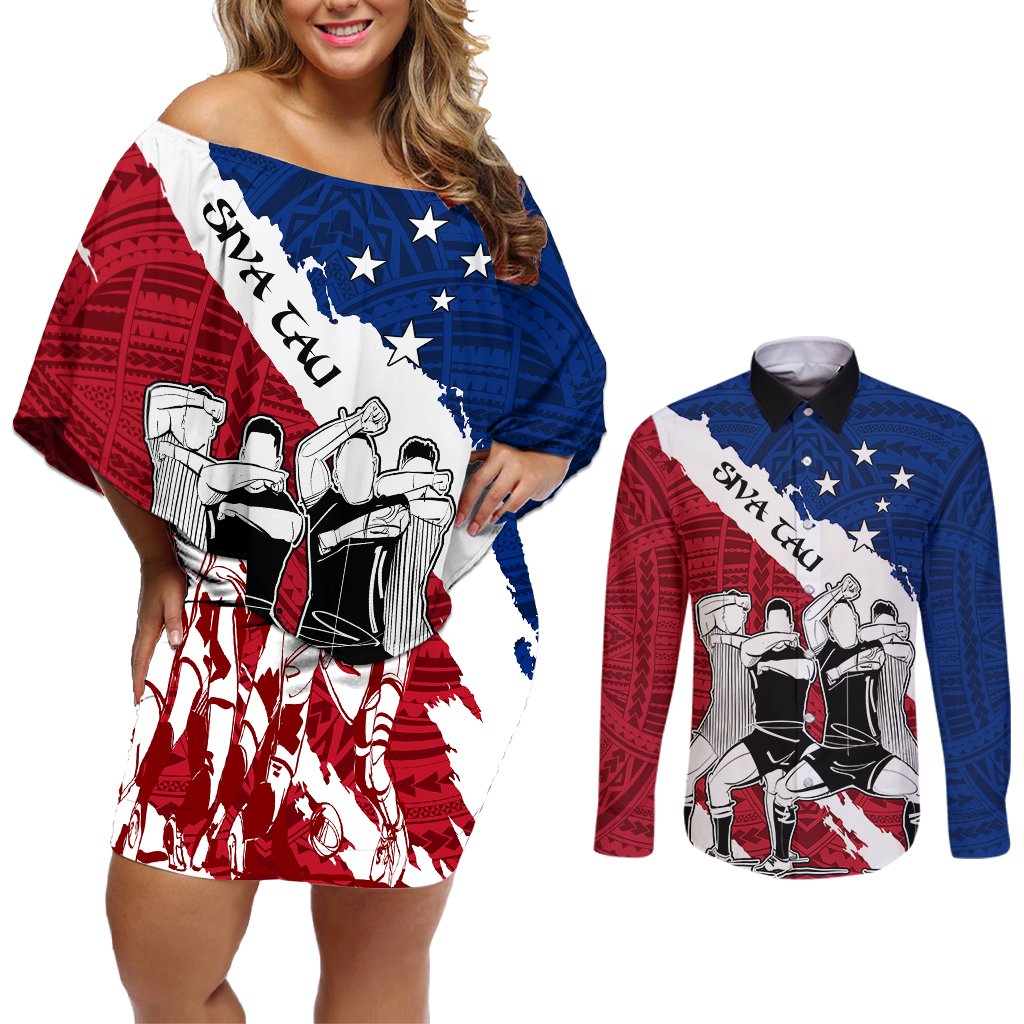 Samoa Rugby Couples Matching Off Shoulder Short Dress and Long Sleeve Button Shirts Siva Tau Dance Polynesian Tattoo Brush Style LT03 Red - Polynesian Pride
