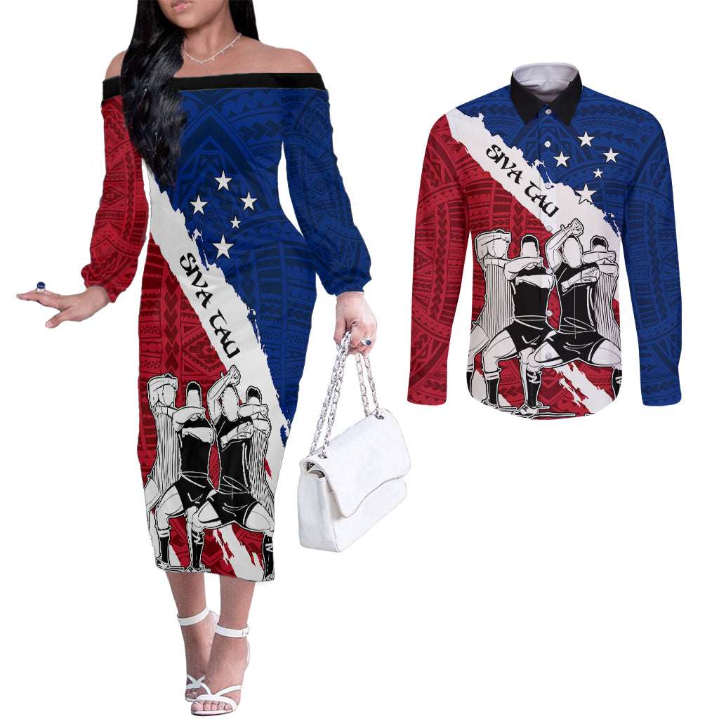 Samoa Rugby Couples Matching Off The Shoulder Long Sleeve Dress and Long Sleeve Button Shirts Siva Tau Dance Polynesian Tattoo Brush Style LT03 Red - Polynesian Pride
