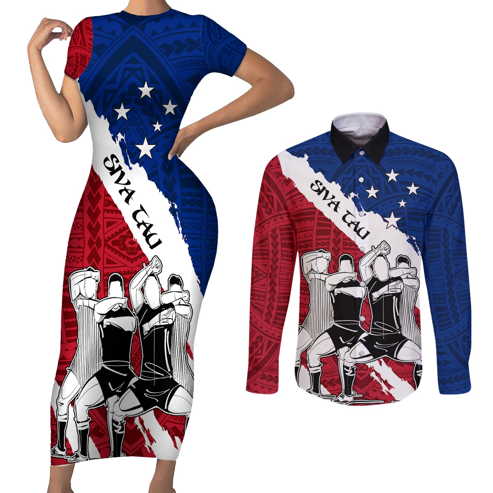 Samoa Rugby Couples Matching Short Sleeve Bodycon Dress and Long Sleeve Button Shirts Siva Tau Dance Polynesian Tattoo Brush Style LT03 Red - Polynesian Pride