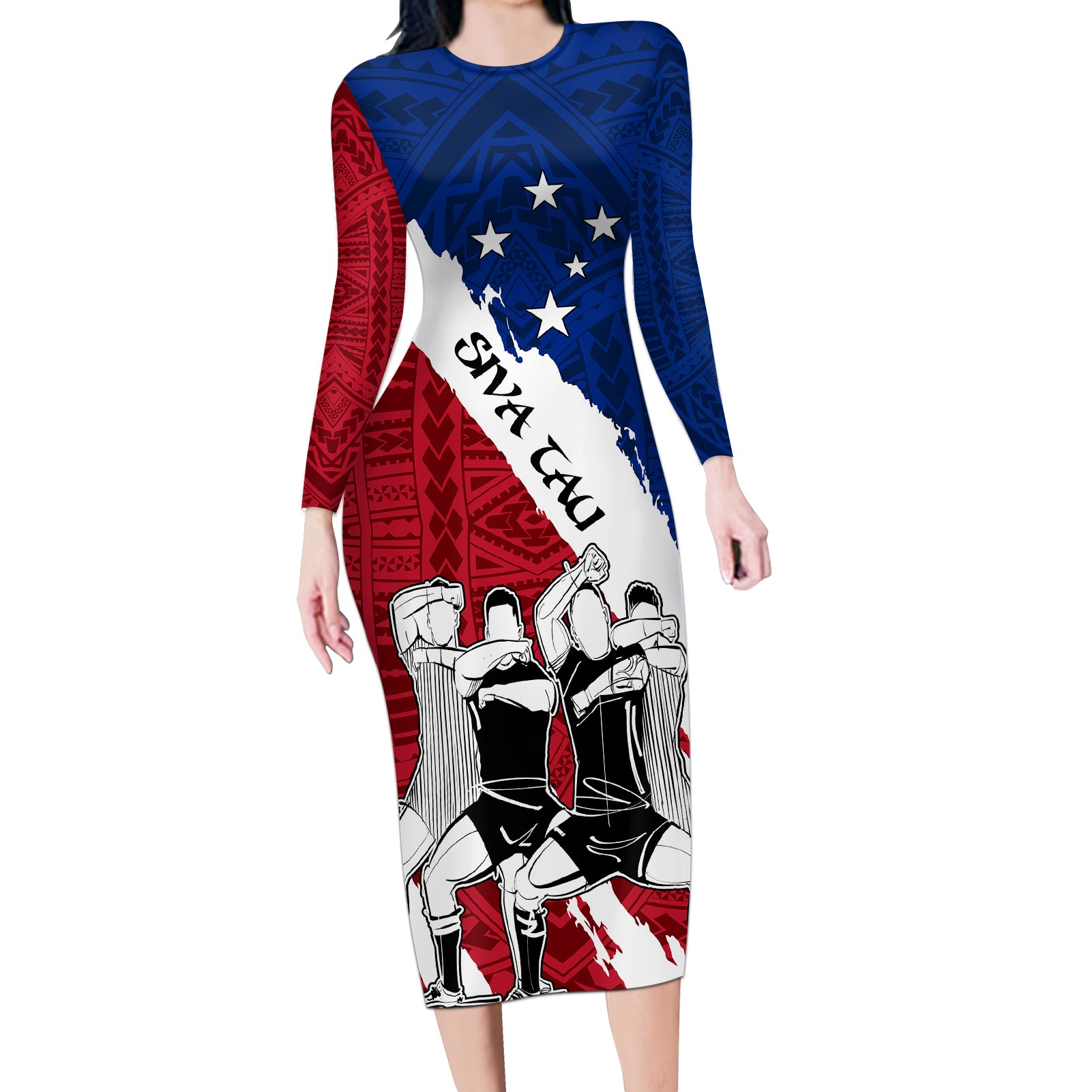 long sleeve union jack dress Samoa Rugby Long Sleeve Bodycon Dress Siva Tau Dance Polynesian Tattoo