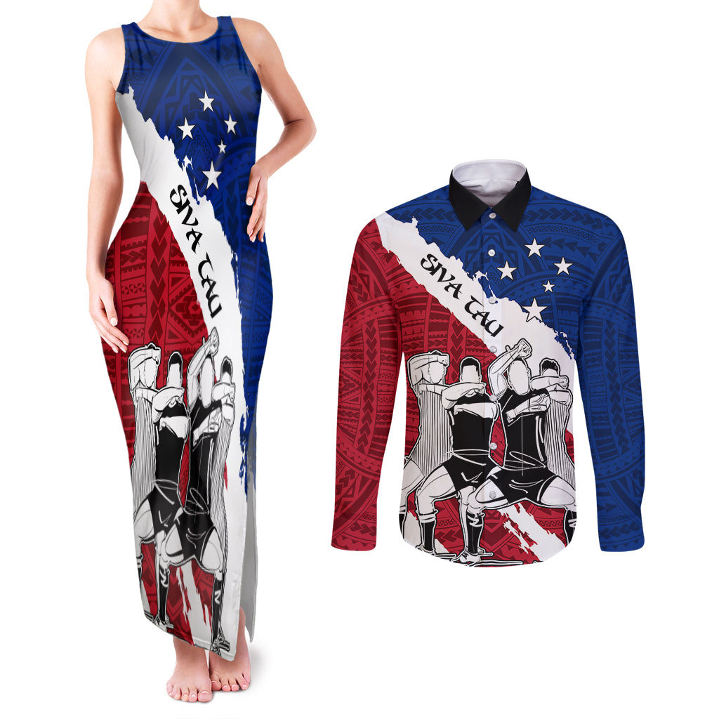 Custom Samoa Rugby Couples Matching Tank Maxi Dress and Long Sleeve Button Shirts Siva Tau Dance Polynesian Tattoo Brush Style LT03 Red - Polynesian Pride