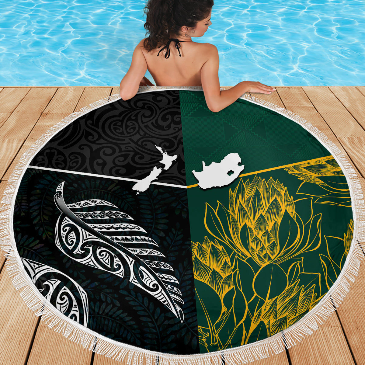 South Africa and New Zealand Beach Blanket King Protea and Silver Fern Mix Culture Pattern LT03 - Polynesian Pride