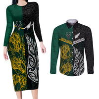 South Africa and New Zealand Couples Matching Long Sleeve Bodycon Dress and Long Sleeve Button Shirt King Protea and Silver Fern Mix Culture Pattern LT03 Black - Polynesian Pride