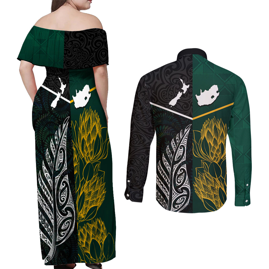 South Africa and New Zealand Couples Matching Off Shoulder Maxi Dress and Long Sleeve Button Shirt King Protea and Silver Fern Mix Culture Pattern LT03 - Polynesian Pride