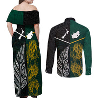 South Africa and New Zealand Couples Matching Off Shoulder Maxi Dress and Long Sleeve Button Shirt King Protea and Silver Fern Mix Culture Pattern LT03 - Polynesian Pride