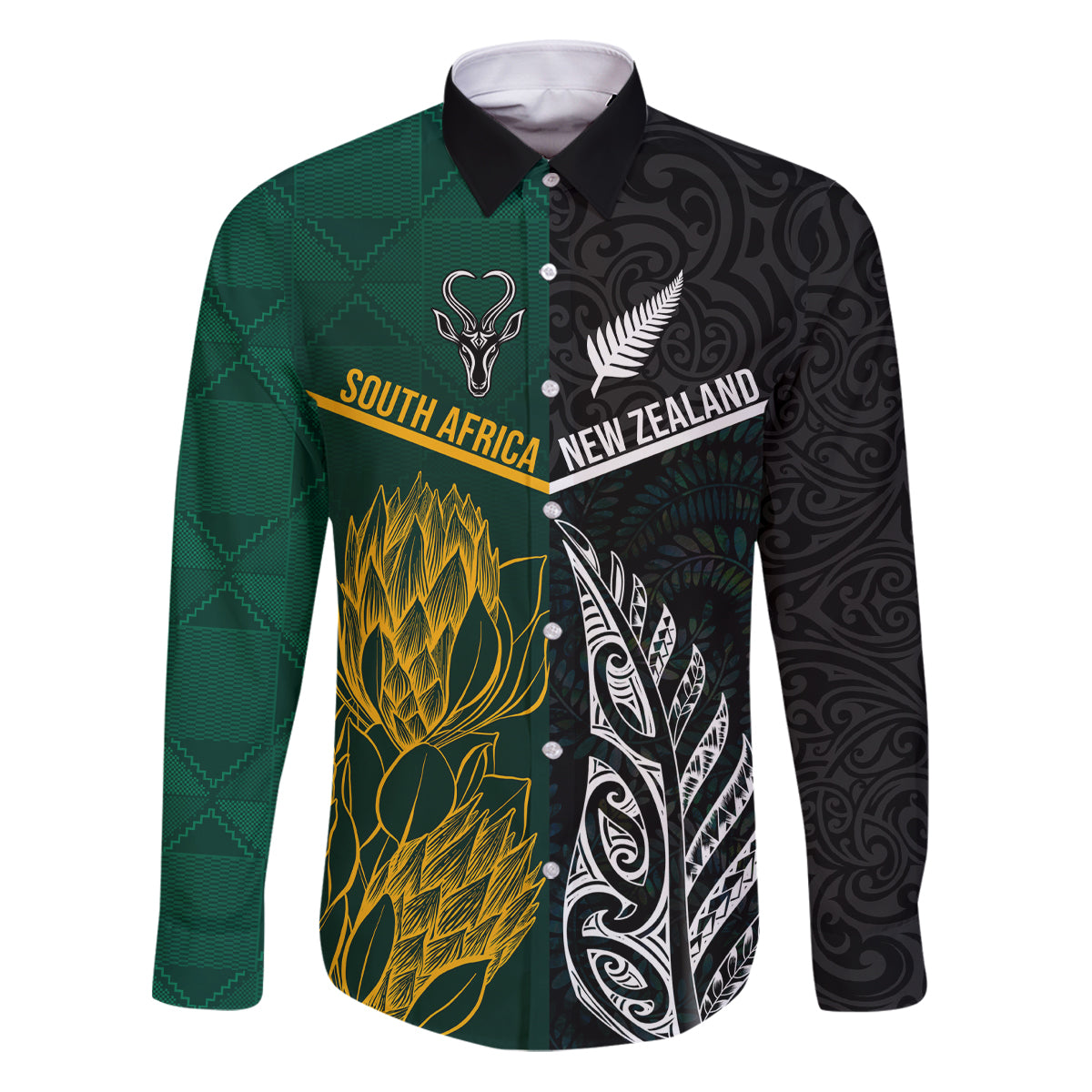South Africa and New Zealand Family Matching Puletasi Dress and Hawaiian Shirt King Protea and Silver Fern Mix Culture Pattern LT03 Dad's Shirt - Long Sleeve Black - Polynesian Pride