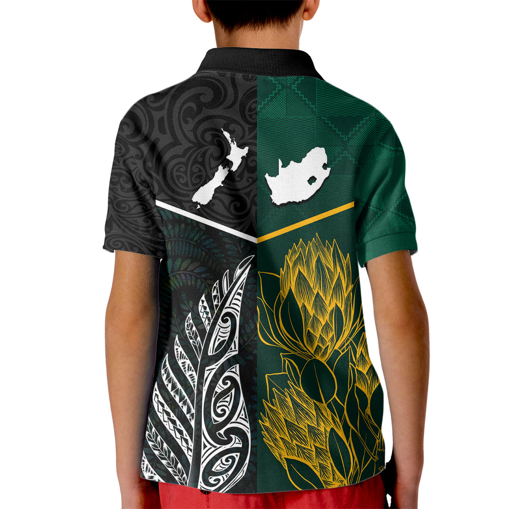 South Africa and New Zealand Kid Polo Shirt King Protea and Silver Fern Mix Culture Pattern LT03 - Polynesian Pride