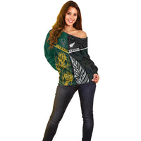 South Africa and New Zealand Off Shoulder Sweater King Protea and Silver Fern Mix Culture Pattern LT03 - Polynesian Pride