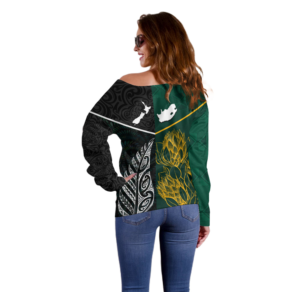 South Africa and New Zealand Off Shoulder Sweater King Protea and Silver Fern Mix Culture Pattern LT03 - Polynesian Pride