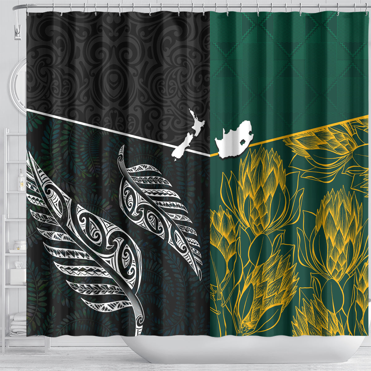 South Africa and New Zealand Shower Curtain King Protea and Silver Fern Mix Culture Pattern LT03 - Polynesian Pride