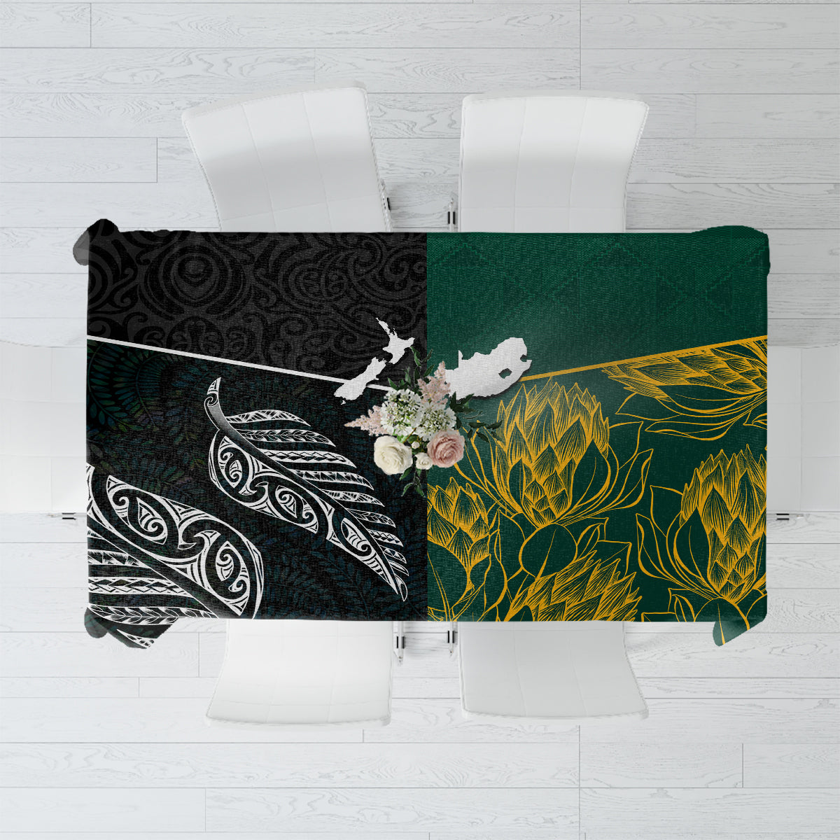 South Africa and New Zealand Tablecloth King Protea and Silver Fern Mix Culture Pattern LT03 Black - Polynesian Pride