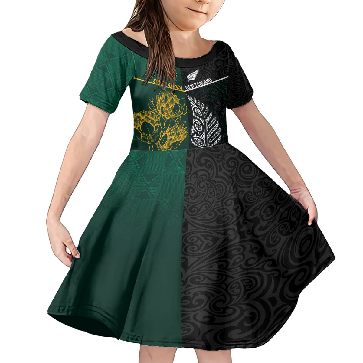 Personalised South Africa and New Zealand Family Matching Short Sleeve Bodycon Dress and Hawaiian Shirt King Protea and Silver Fern Mix Culture Pattern LT03 Daughter's Dress Black - Polynesian Pride