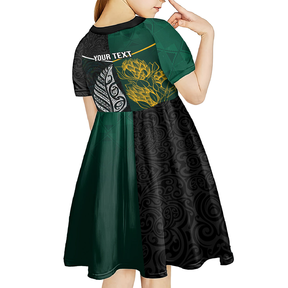 Personalised South Africa and New Zealand Kid Short Sleeve Dress King Protea and Silver Fern Mix Culture Pattern LT03 - Polynesian Pride