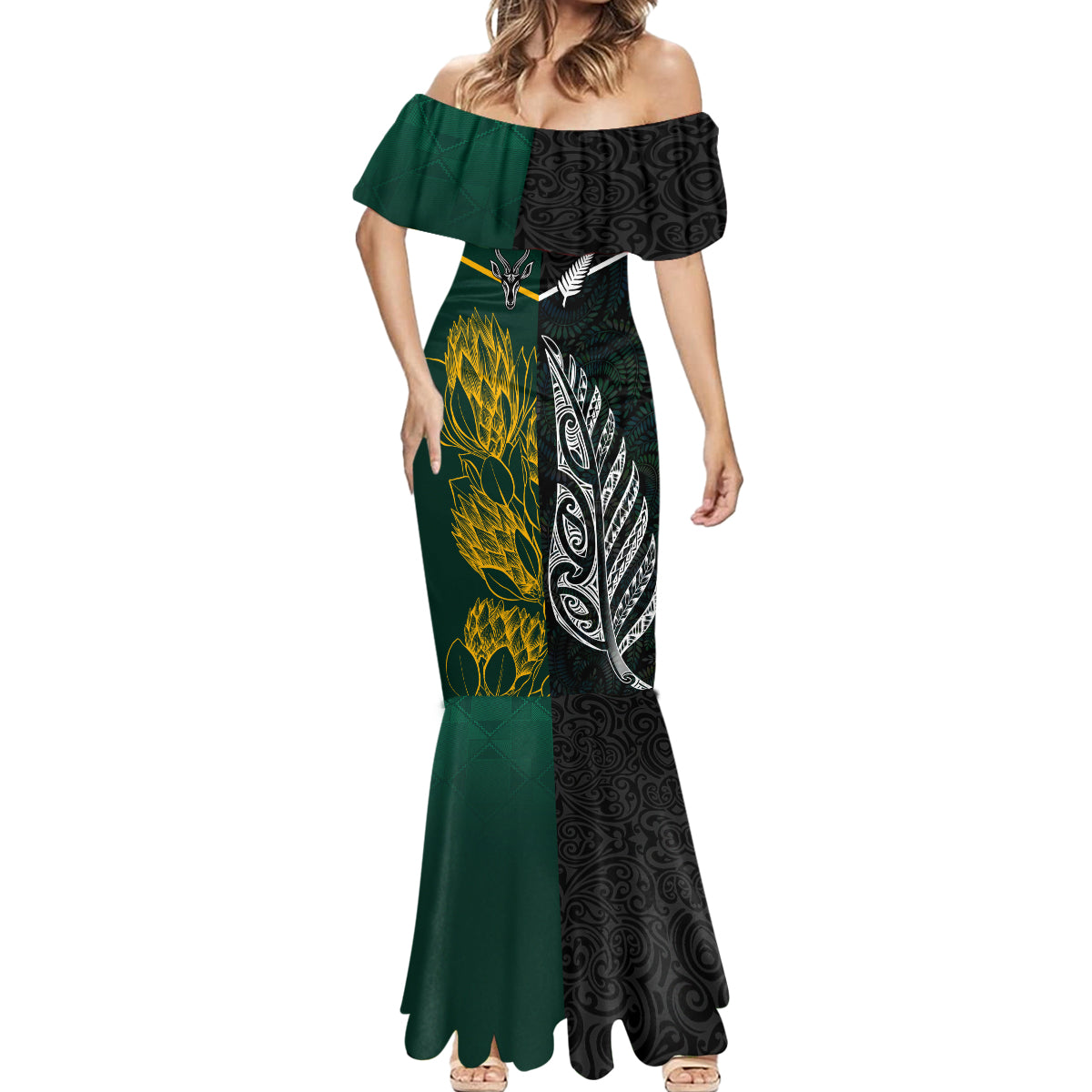Personalised South Africa and New Zealand Mermaid Dress King Protea and Silver Fern Mix Culture Pattern LT03 - Polynesian Pride