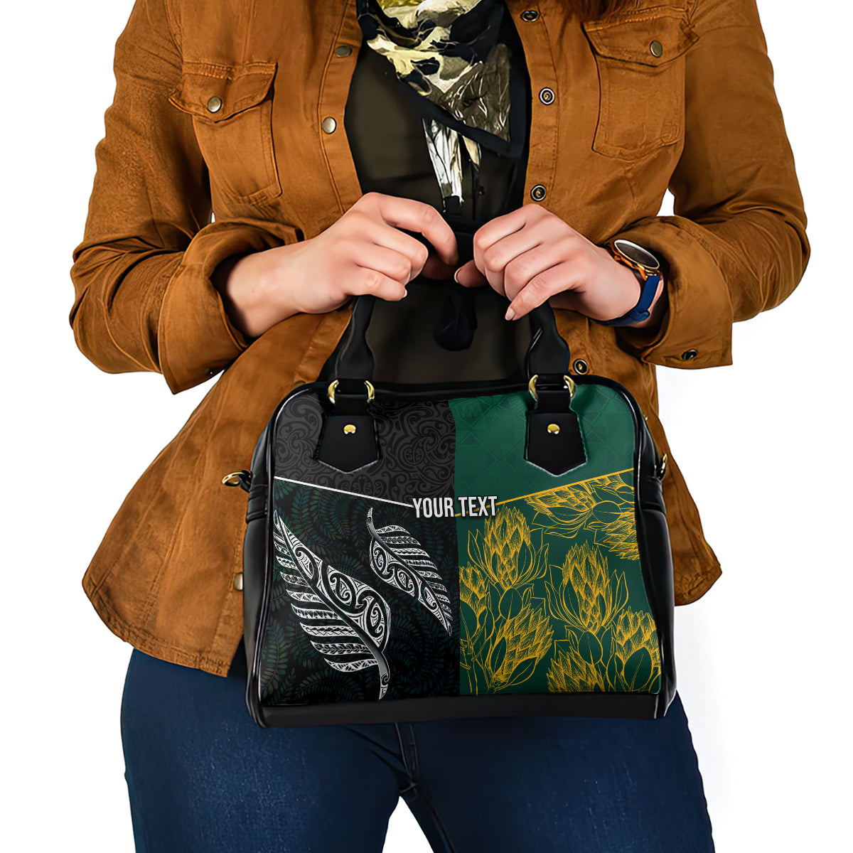 Personalised South Africa and New Zealand Shoulder Handbag King Protea and Silver Fern Mix Culture Pattern LT03 - Polynesian Pride