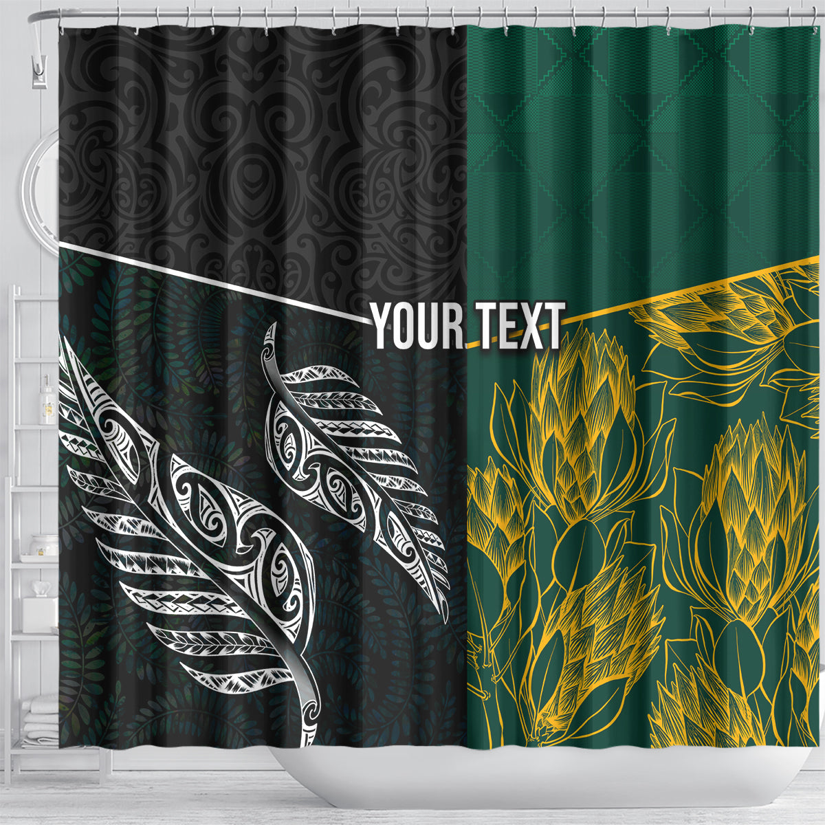 Personalised South Africa and New Zealand Shower Curtain King Protea and Silver Fern Mix Culture Pattern LT03 - Polynesian Pride