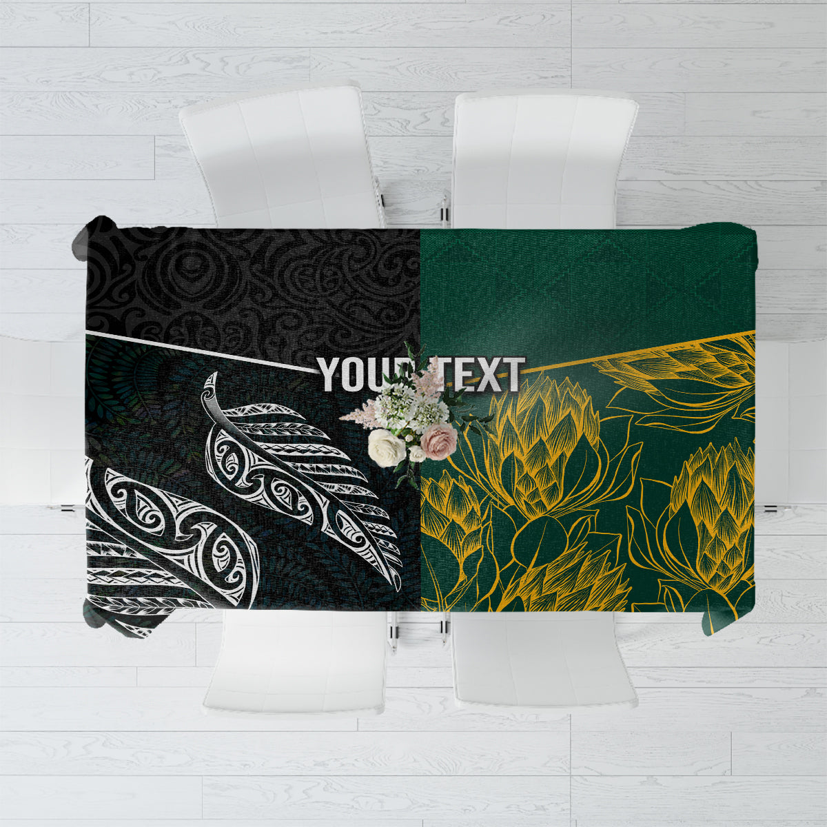 Personalised South Africa and New Zealand Tablecloth King Protea and Silver Fern Mix Culture Pattern LT03 Black - Polynesian Pride