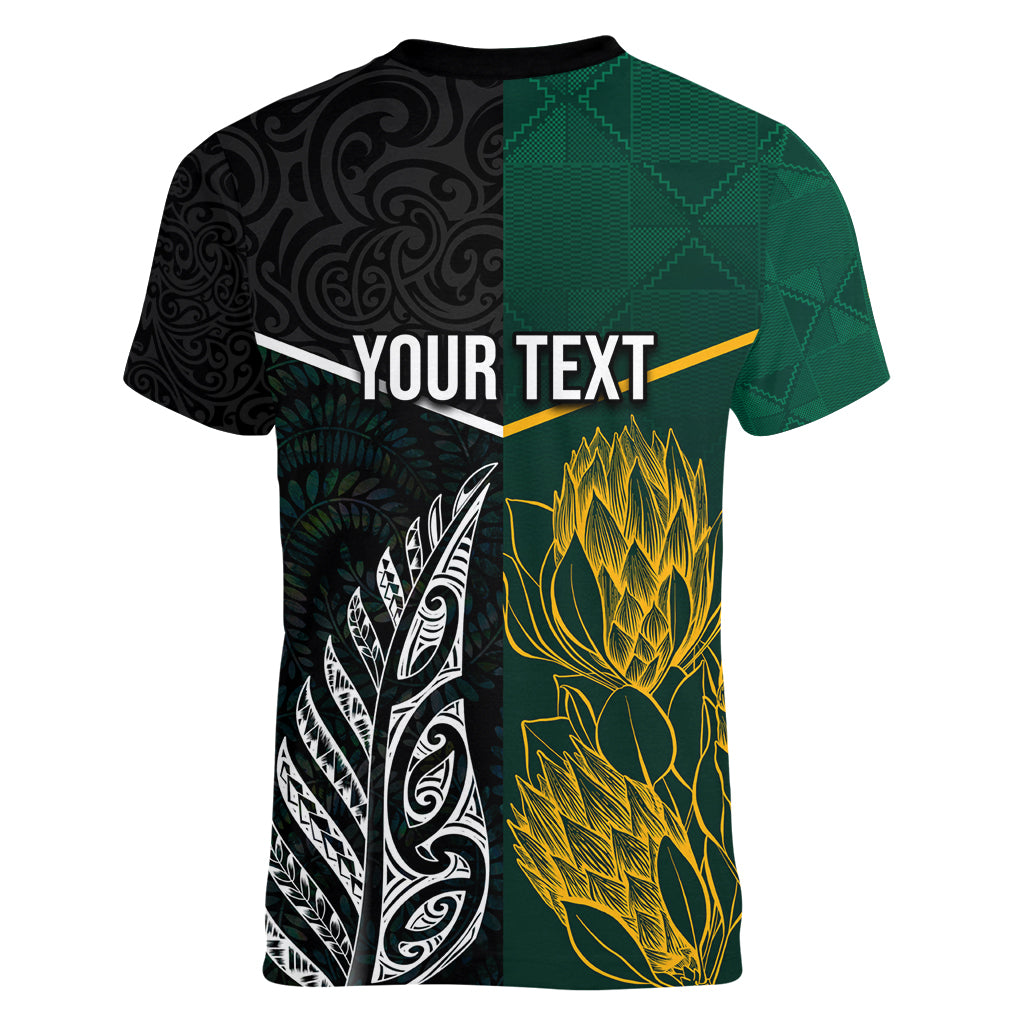 Personalised South Africa and New Zealand Women V Neck T Shirt King Protea and Silver Fern Mix Culture Pattern LT03 - Polynesian Pride