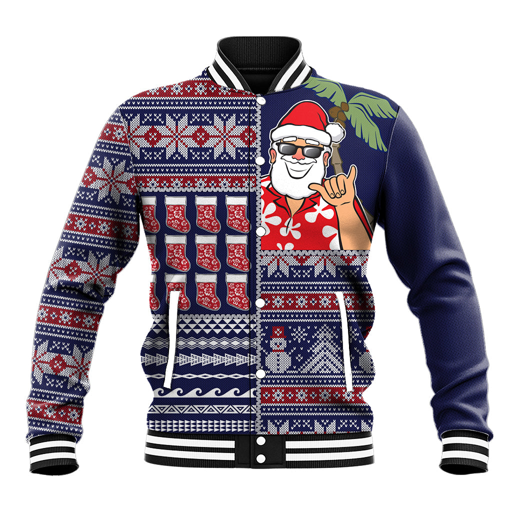 Hawaii Mele Kalikimaka Baseball Jacket Aloha and Christmas Elements Patchwork Blue Style LT03 Unisex Blue - Polynesian Pride