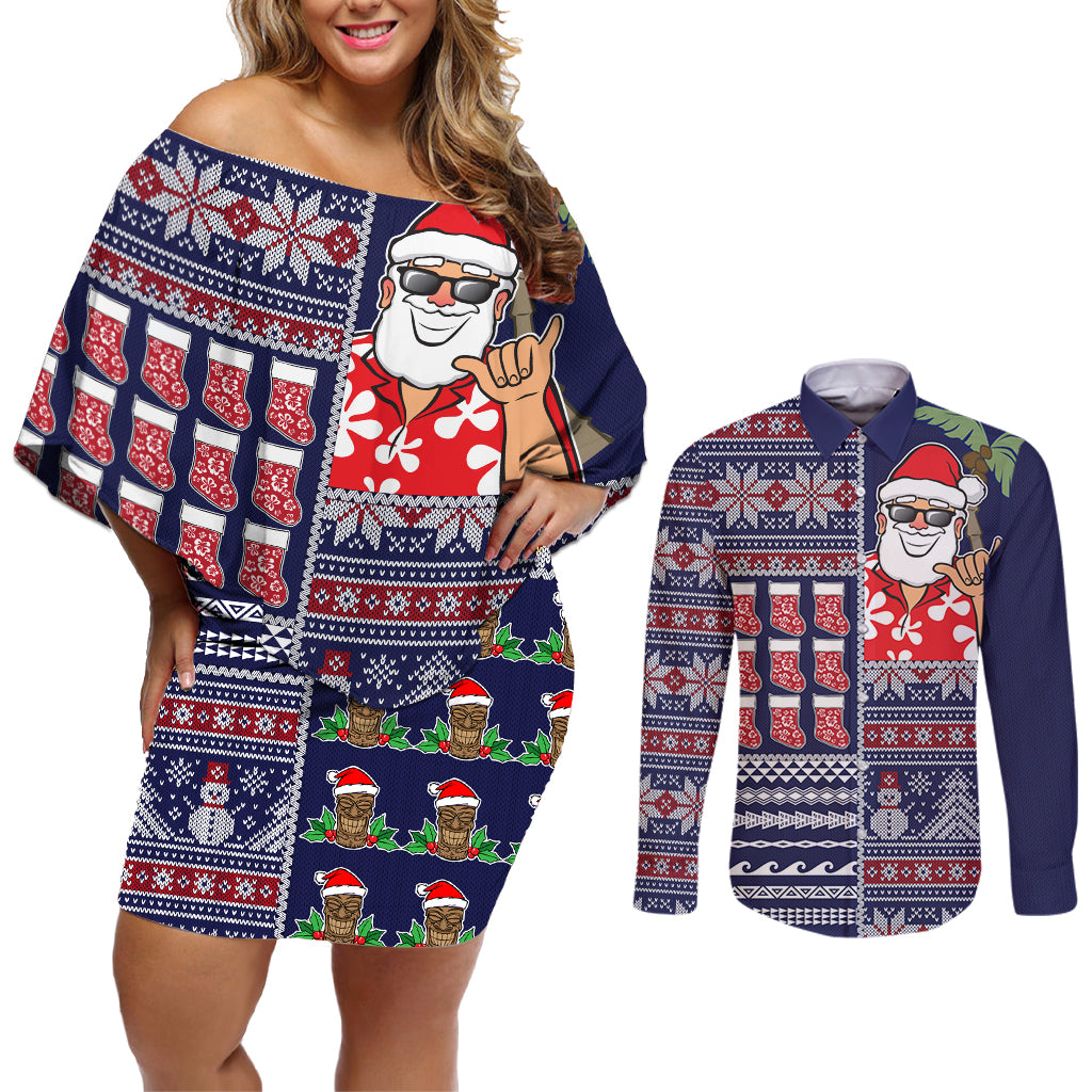 Hawaii Mele Kalikimaka Couples Matching Off Shoulder Short Dress and Long Sleeve Button Shirt Aloha and Christmas Elements Patchwork Blue Style LT03 Blue - Polynesian Pride
