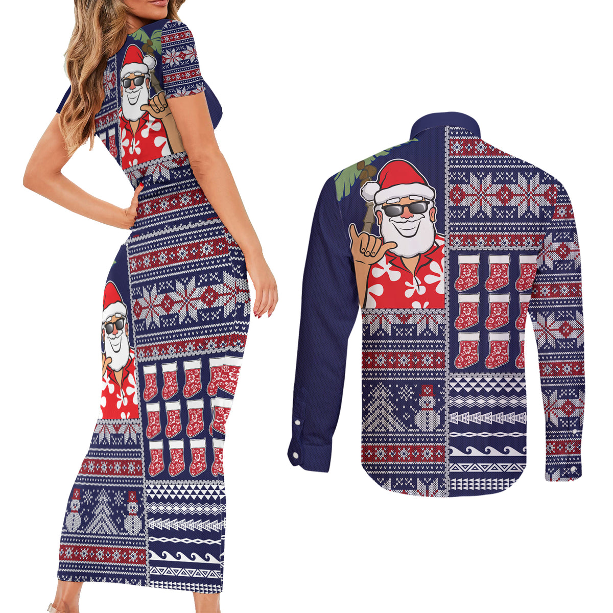 Hawaii Mele Kalikimaka Couples Matching Short Sleeve Bodycon Dress and Long Sleeve Button Shirt Aloha and Christmas Elements Patchwork Blue Style LT03 - Polynesian Pride