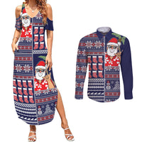 Hawaii Mele Kalikimaka Couples Matching Summer Maxi Dress and Long Sleeve Button Shirt Aloha and Christmas Elements Patchwork Blue Style LT03 Blue - Polynesian Pride